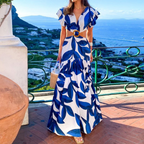Zomer maxi jurk voor dames - blauwe bloemenprint met frill mouwen
