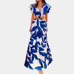 Zomer maxi jurk voor dames - blauwe bloemenprint met frill mouwen