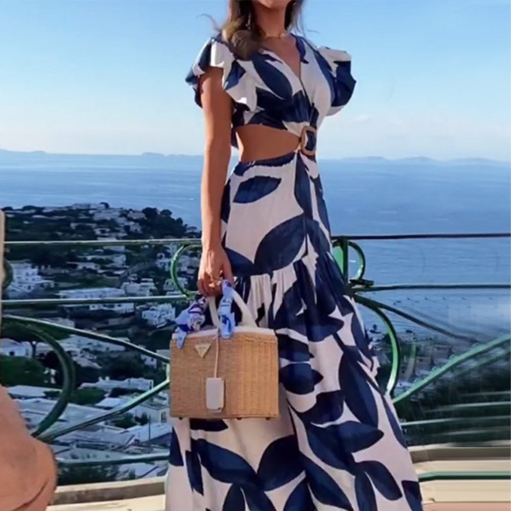 Zomer maxi jurk voor dames - blauwe bloemenprint met frill mouwen