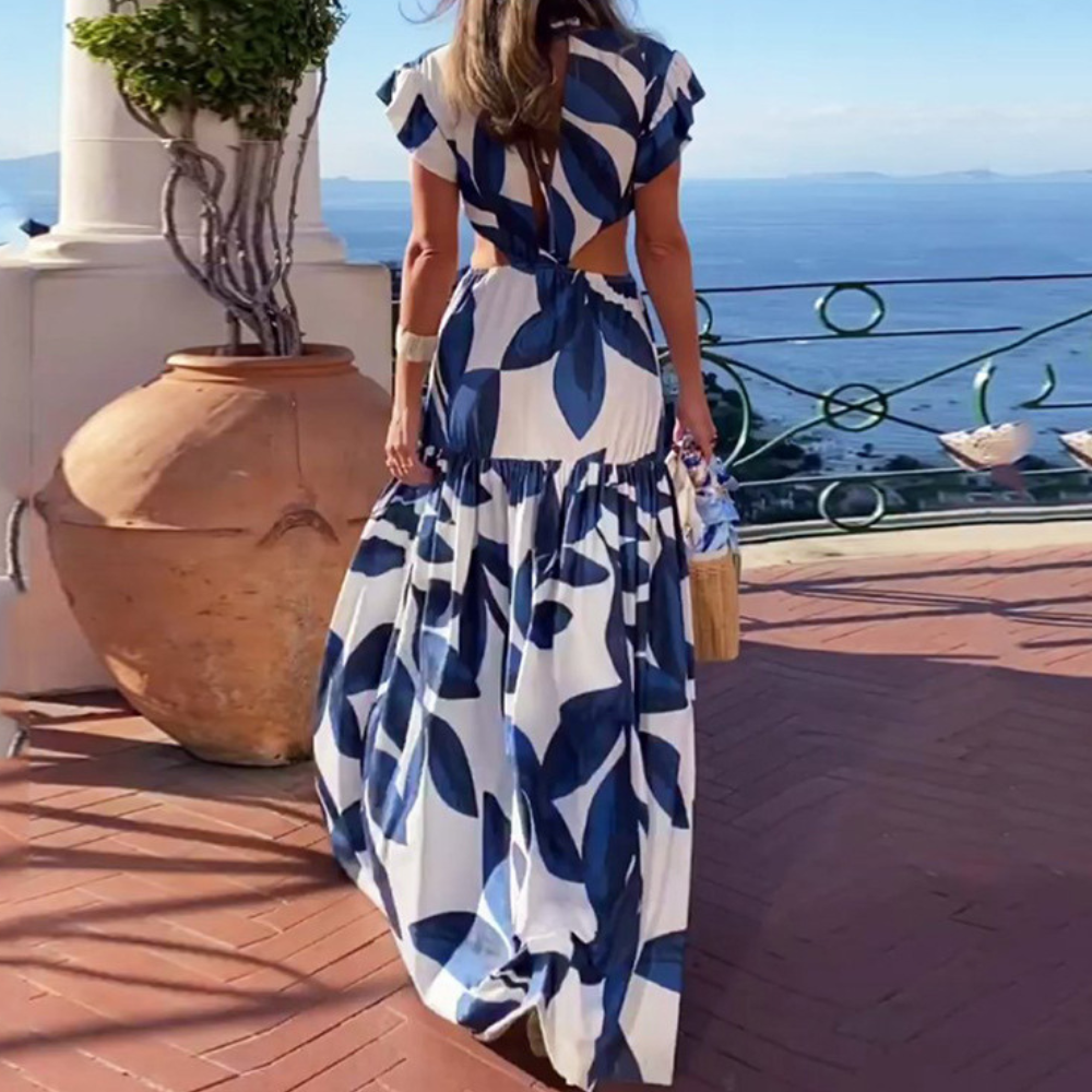 Zomer maxi jurk voor dames - blauwe bloemenprint met frill mouwen