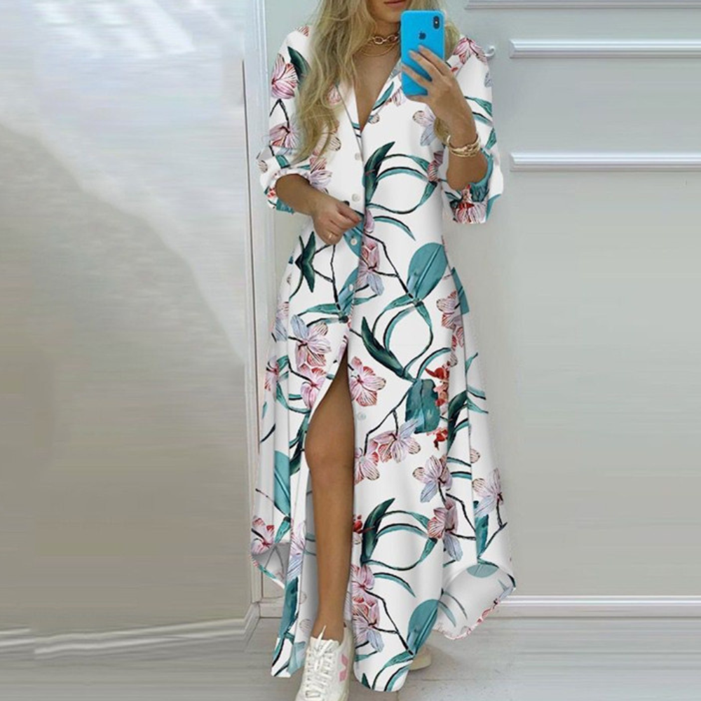 Maxi jurk - elegante dames bloemenknopen jurk met een zijsplit