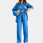 2-delige loungewear set - stijlvolle dames blauwe satijnen co-ord