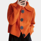 Oranje gebreide cardigan - trendy vrouwen ribbelknit knooptrui