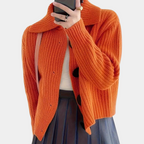 Oranje gebreide cardigan - trendy vrouwen ribbelknit knooptrui