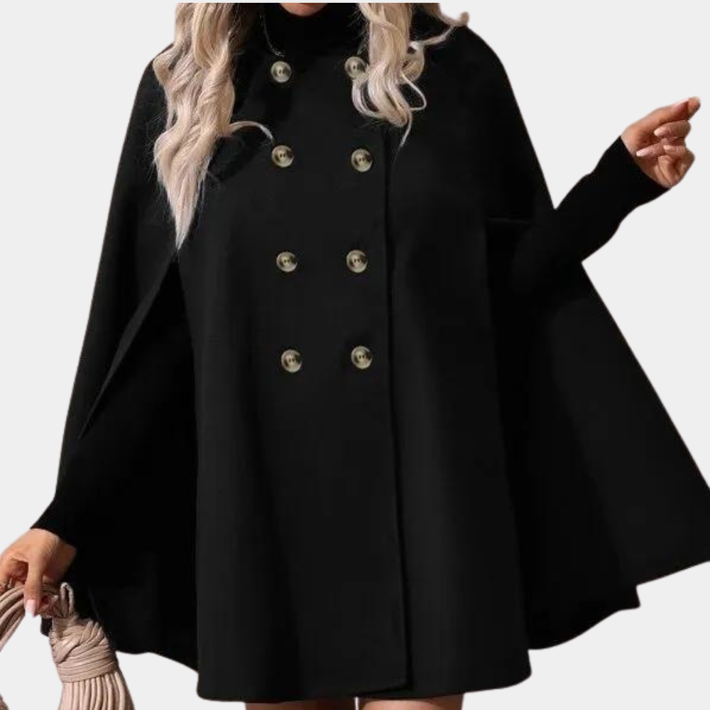 Noir cape jas - elegante dames dubbelgeknoopte zwarte bovenkleding
