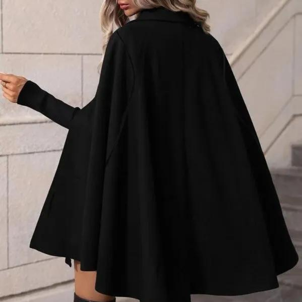 Noir cape jas - elegante dames dubbelgeknoopte zwarte bovenkleding