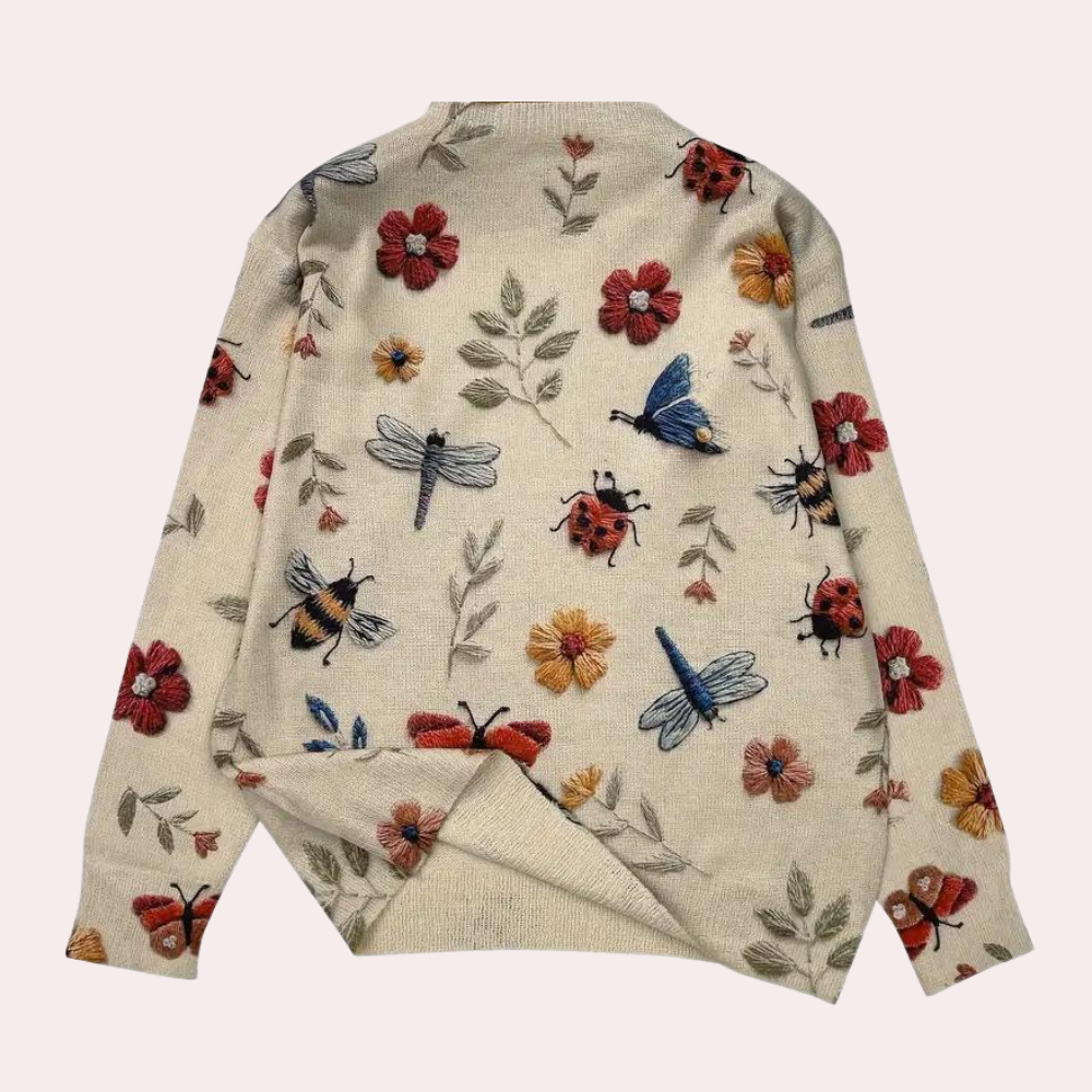 Bloemen geborduurd sweatshirt - trendy dames pullover met bijen en bloemen