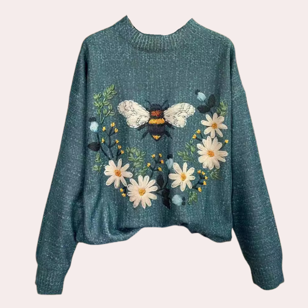 Bloemen geborduurd sweatshirt - trendy dames pullover met bijen en bloemen