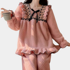 Fluffy roze pyjama set - elegante ruffle loungewear