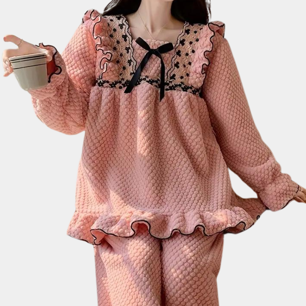 Fluffy roze pyjama set - elegante ruffle loungewear