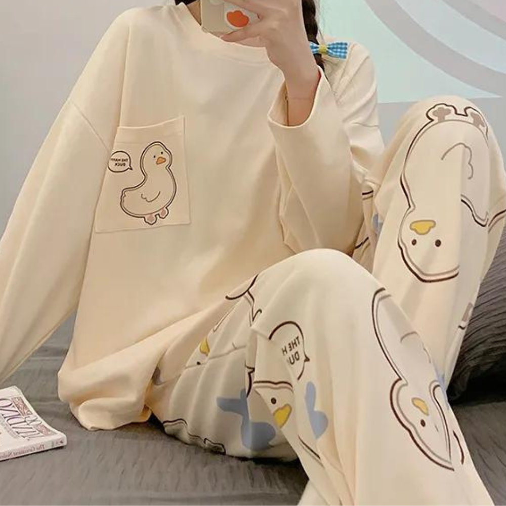 2-delige pyjama set - crèmekleurige dames pyjama met eendenprint