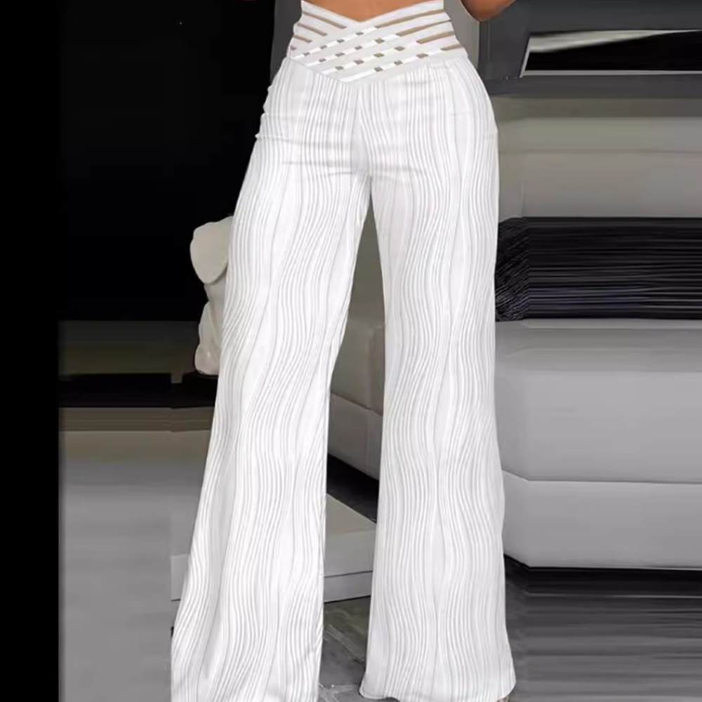 Vrouwenbroek elegante hoge taille witte gestructureerde wijde pijpen - zomerse casual outfit