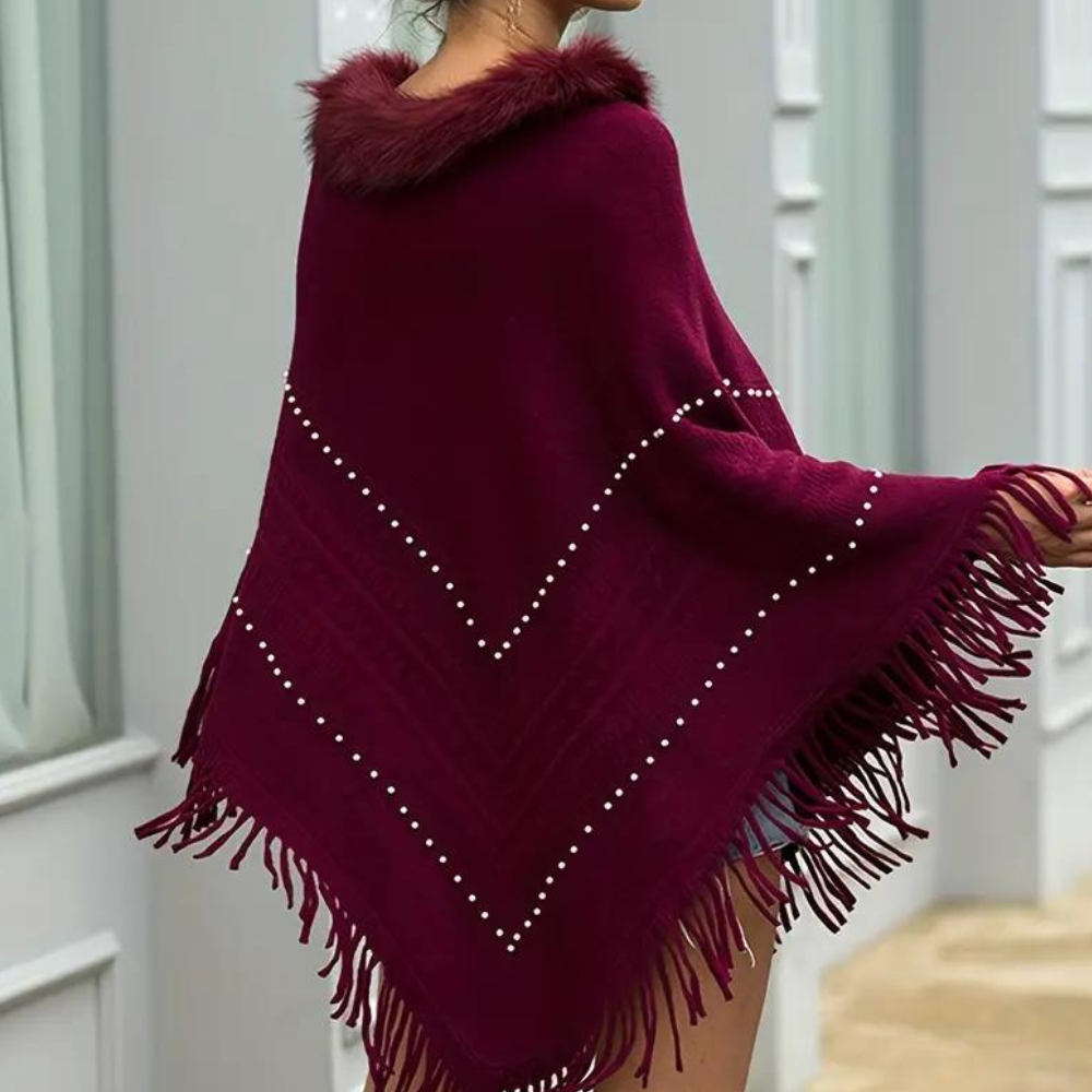 Dames rode gebreide poncho - elegant met verfijnde details