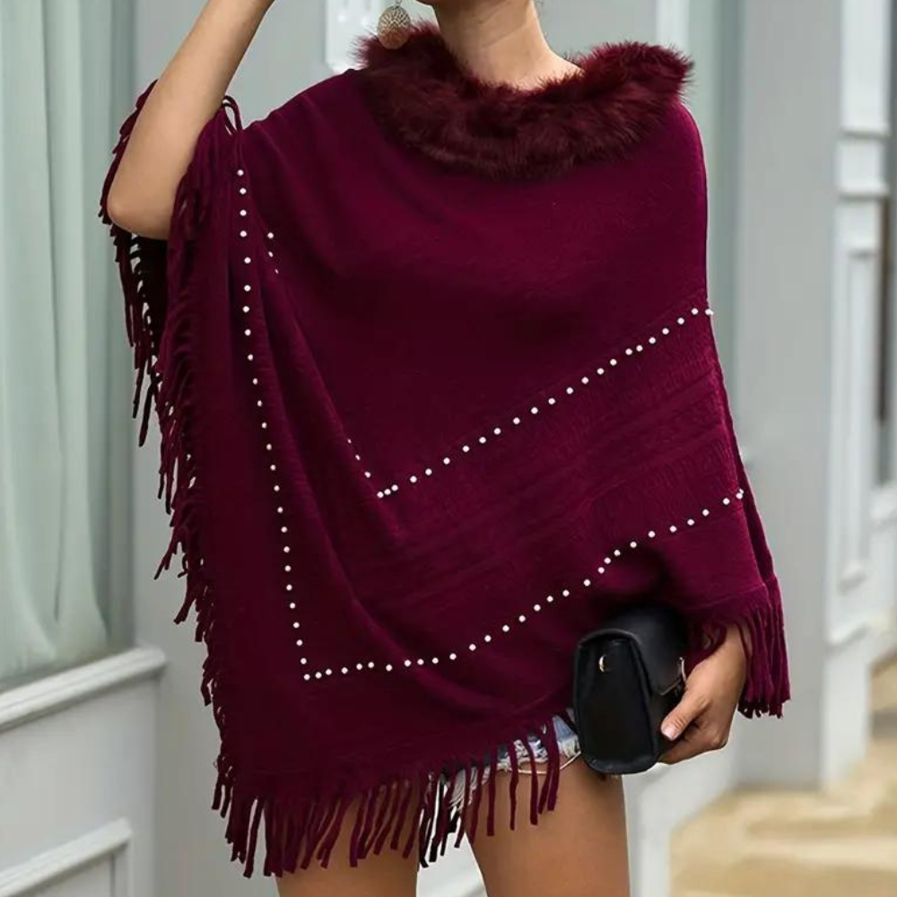 Dames rode gebreide poncho - elegant met verfijnde details