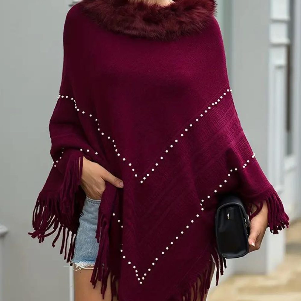 Dames rode gebreide poncho - elegant met verfijnde details