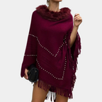 Dames rode gebreide poncho - elegant met verfijnde details