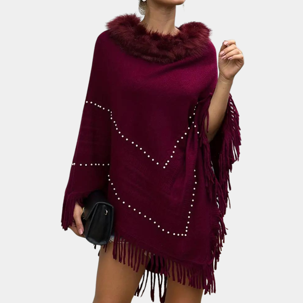 Dames rode gebreide poncho - elegant met verfijnde details