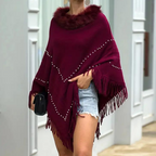 Dames rode gebreide poncho - elegant met verfijnde details