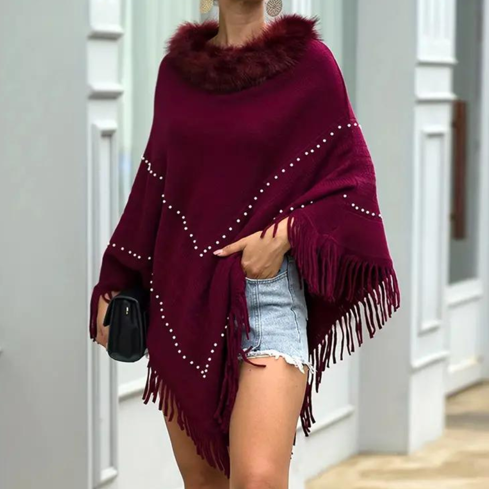 Dames rode gebreide poncho - elegant met verfijnde details