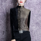 Zwarte fluwelen en glinsterende dames top - luxe ontwerp met staande kraag