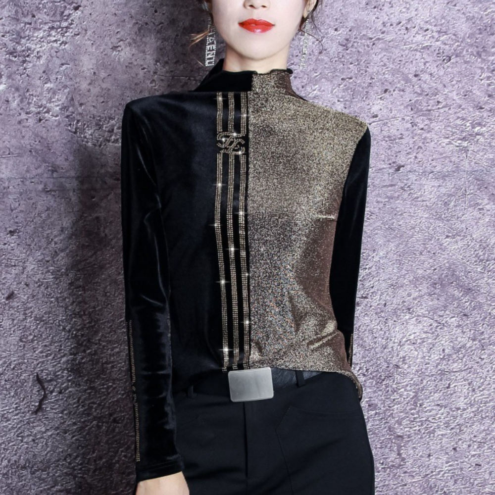 Zwarte fluwelen en glinsterende dames top - luxe ontwerp met staande kraag