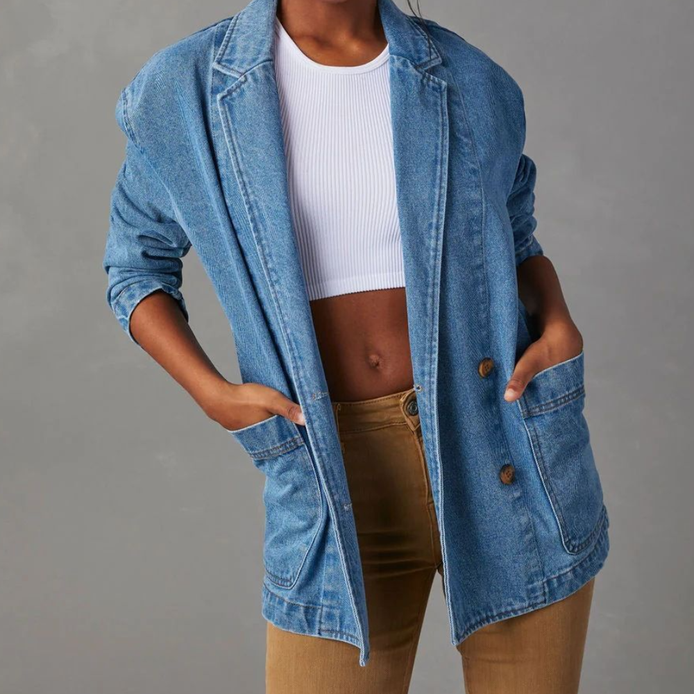 Blauwe oversized denim blazer - casual damesjack met zakken