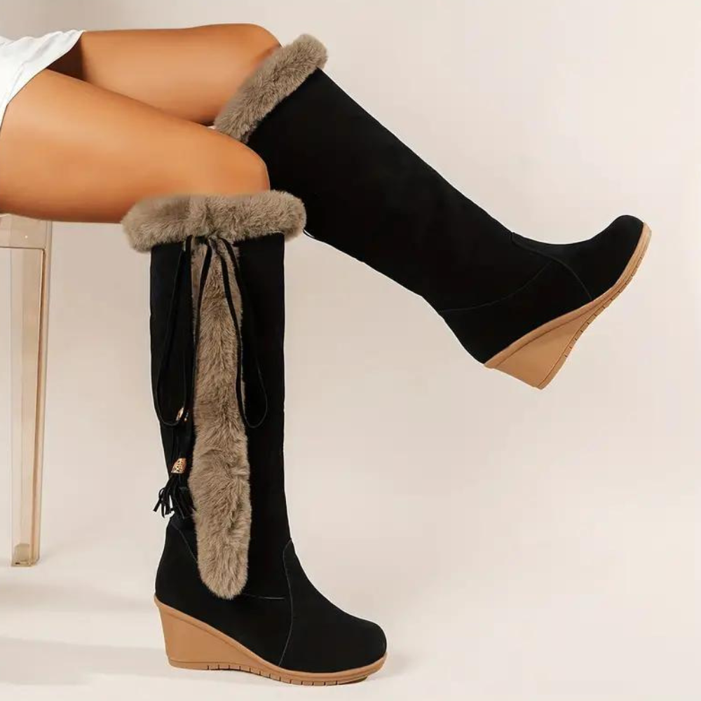 Kniehoge wedge boots - stijlvolle dames winterlaarzen met nepbontvoering