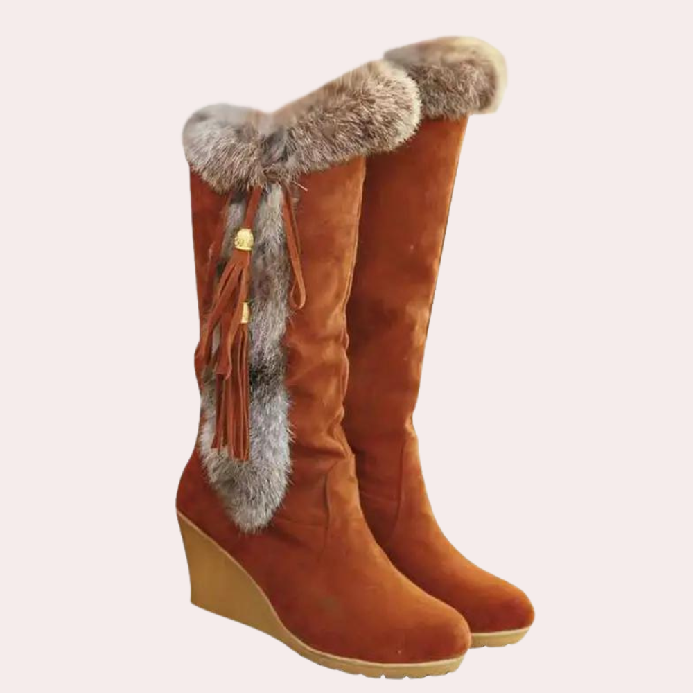 Kniehoge wedge boots - stijlvolle dames winterlaarzen met nepbontvoering