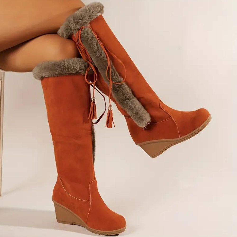 Kniehoge wedge boots - stijlvolle dames winterlaarzen met nepbontvoering
