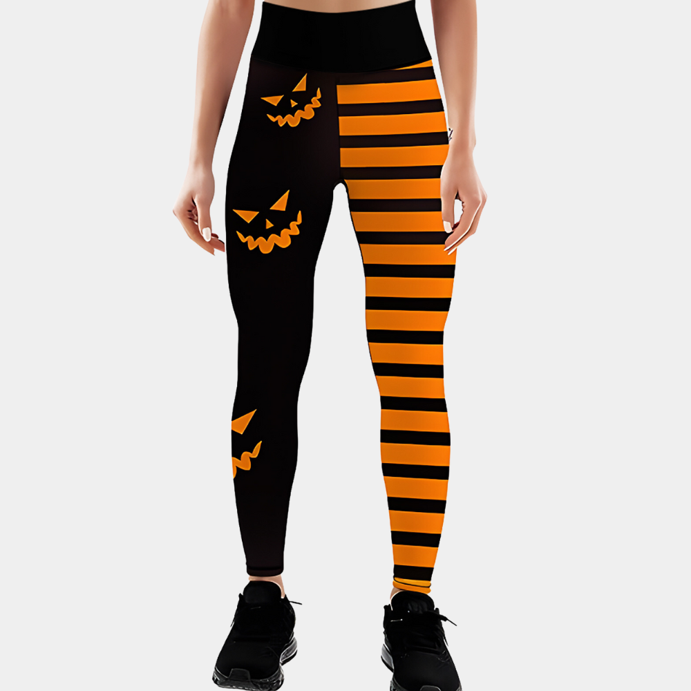 Halloween leggings - stijlvolle zwarte en oranje damesleggings met pompoenen