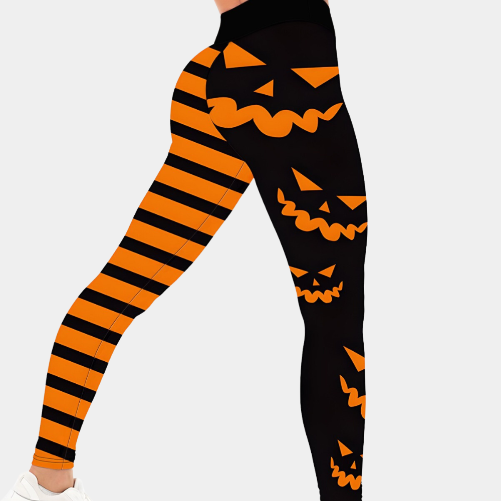 Halloween leggings - stijlvolle zwarte en oranje damesleggings met pompoenen