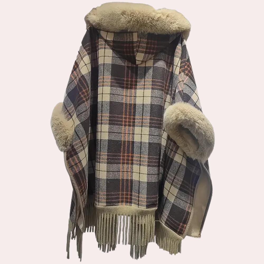 Geruite poncho jas - luxe damescape met capuchon en imitatiebont afwerking - Bakkermode.nl