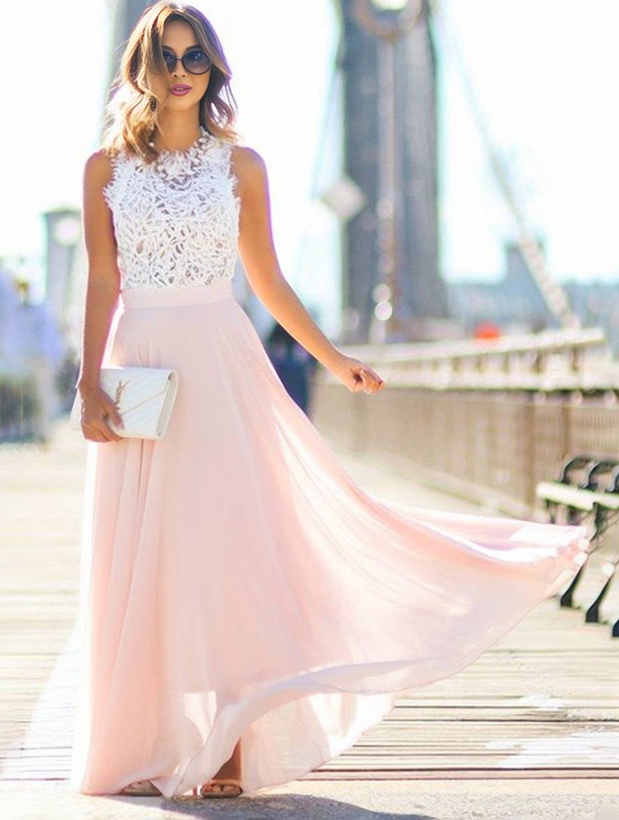 Lange rozenjurk - elegante avondjurk voor dames met kantdetails