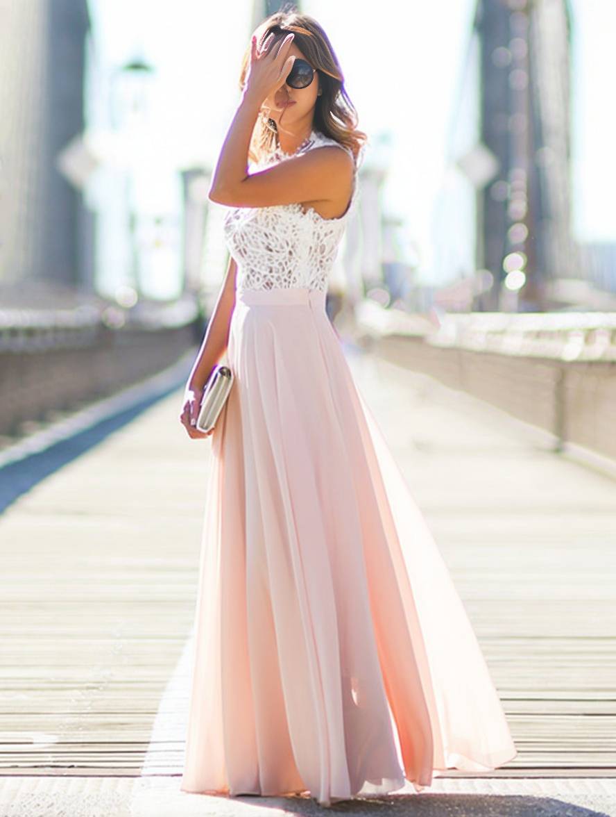 Lange rozenjurk - elegante avondjurk voor dames met kantdetails