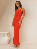 Satin maxi jurk - unieke een-schouder avondgown voor dames