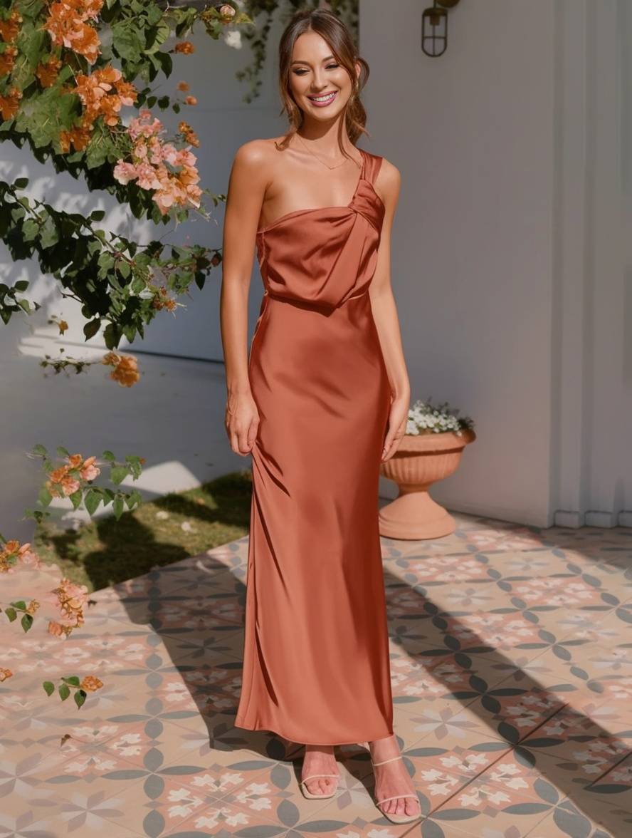 Satin maxi jurk - unieke een-schouder avondgown voor dames