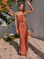Satin maxi jurk - unieke een-schouder avondgown voor dames
