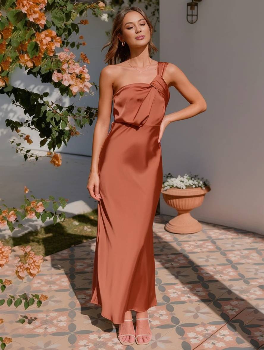 Satin maxi jurk - unieke een-schouder avondgown voor dames