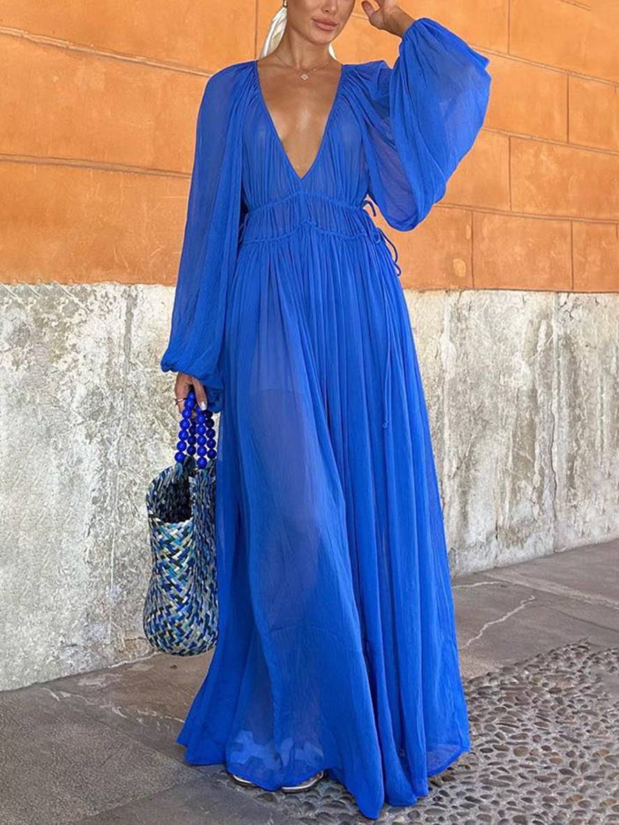 Vrouwen maxi jurk van vloeiende chiffon - elegante diepe v-hals strandoutfit