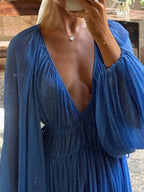 Vrouwen maxi jurk van vloeiende chiffon - elegante diepe v-hals strandoutfit