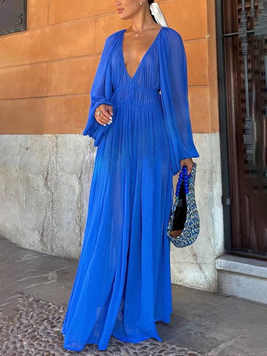 Vrouwen maxi jurk van vloeiende chiffon - elegante diepe v-hals strandoutfit