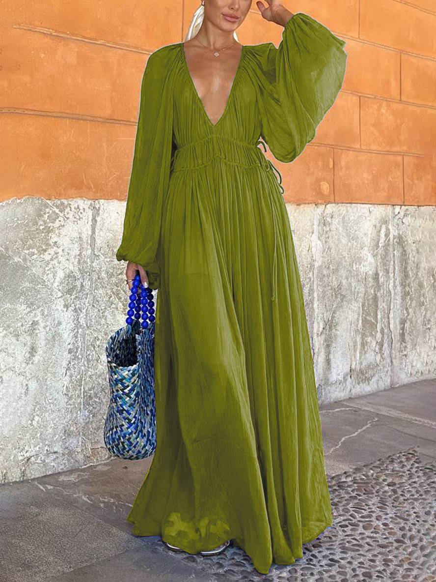 Vrouwen maxi jurk van vloeiende chiffon - elegante diepe v-hals strandoutfit
