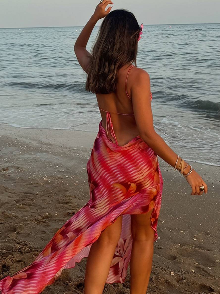 Florale nacarat maxi dress - dames strandkleding met zijsplit