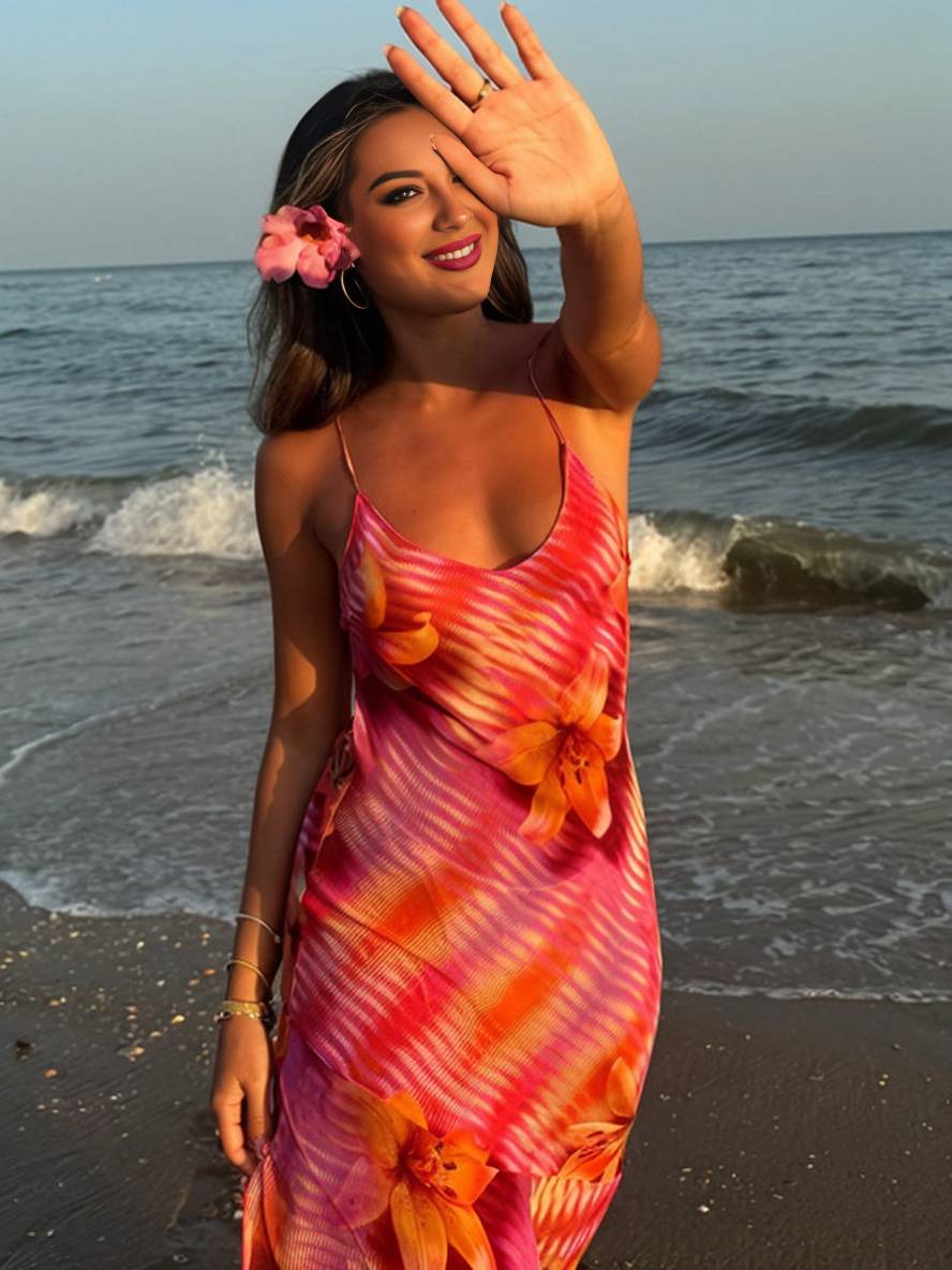 Florale nacarat maxi dress - dames strandkleding met zijsplit