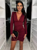 Bodycon jurk - verfijnde lange mouw damesjurk met v-hals