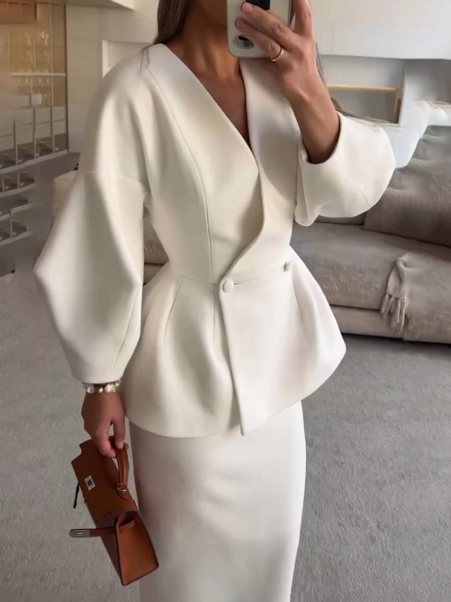 2-delige tailored ensemble - verfijnde dames v-hals blazer en rok set