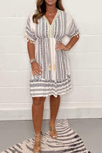 Lichtsgewicht katoenen strandjurk voor vrouwen - v-hals zomermode met print