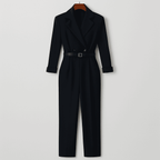Dames jumpsuit elegante wijd-uitlopende broek zwart avondkleding - dubbel-geknopte ceintuur voor verfijnde dames