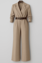 Dames jumpsuit taupe met ceintuur en wijde pijpen - elegante kantoorkleding