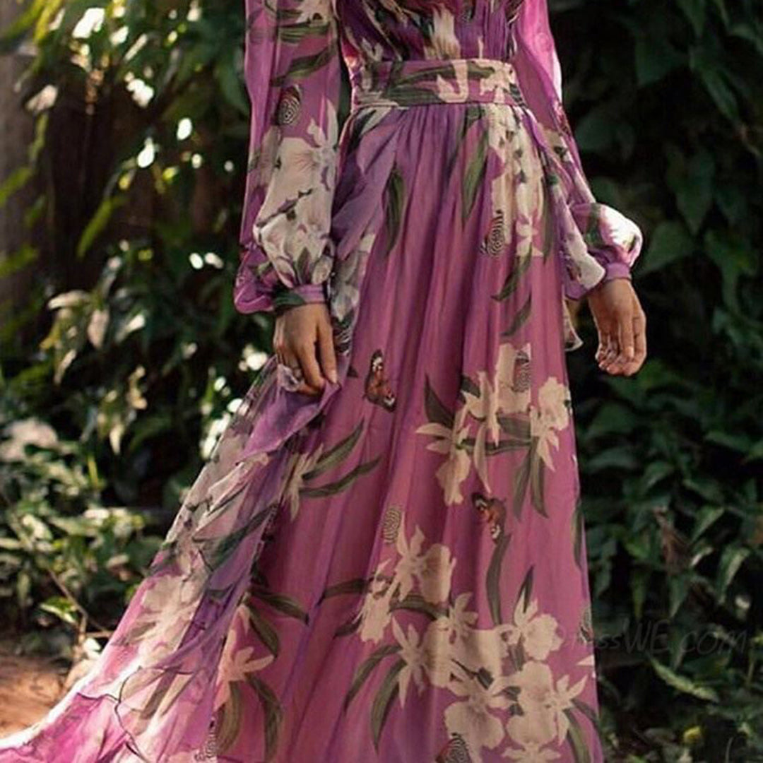 Bloemen maxi jurk - lila dames lange mouw jurk